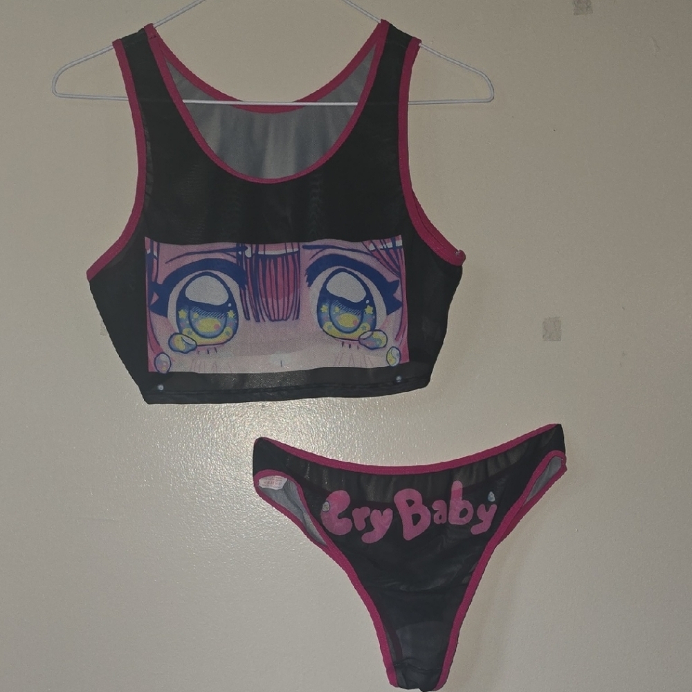 Black and Pink Graphic Crop Top and Bottom Set